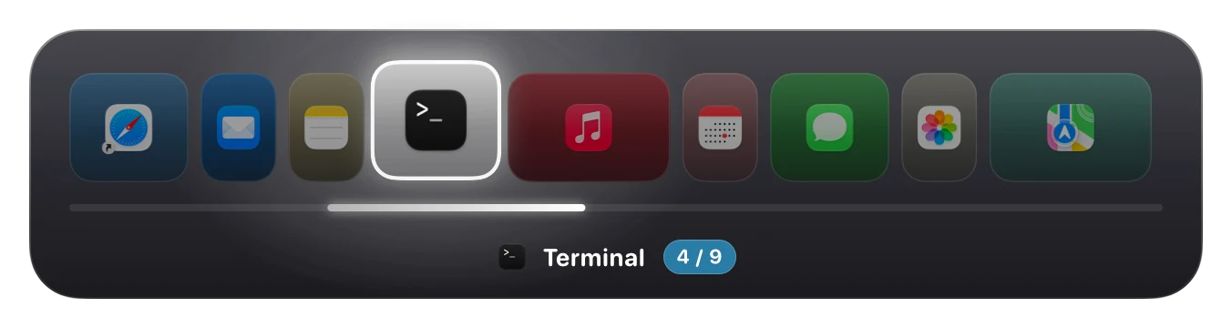 Ribbon's strip map in the Aurora Glass style, nine windows with Terminal focused