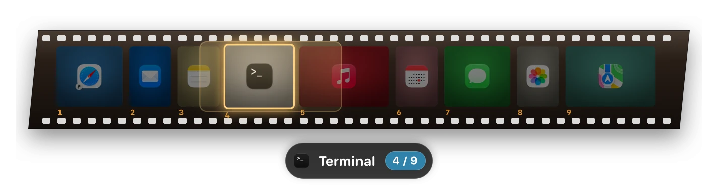 Ribbon's strip map in the Film Strip style, nine windows with Terminal focused